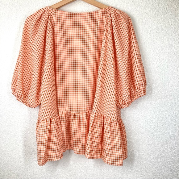 Lauren Conrad V Neck Cropped Ruffled Blouse XXL Orange Button Down Peplum Flowy - Picture 11 of 16
